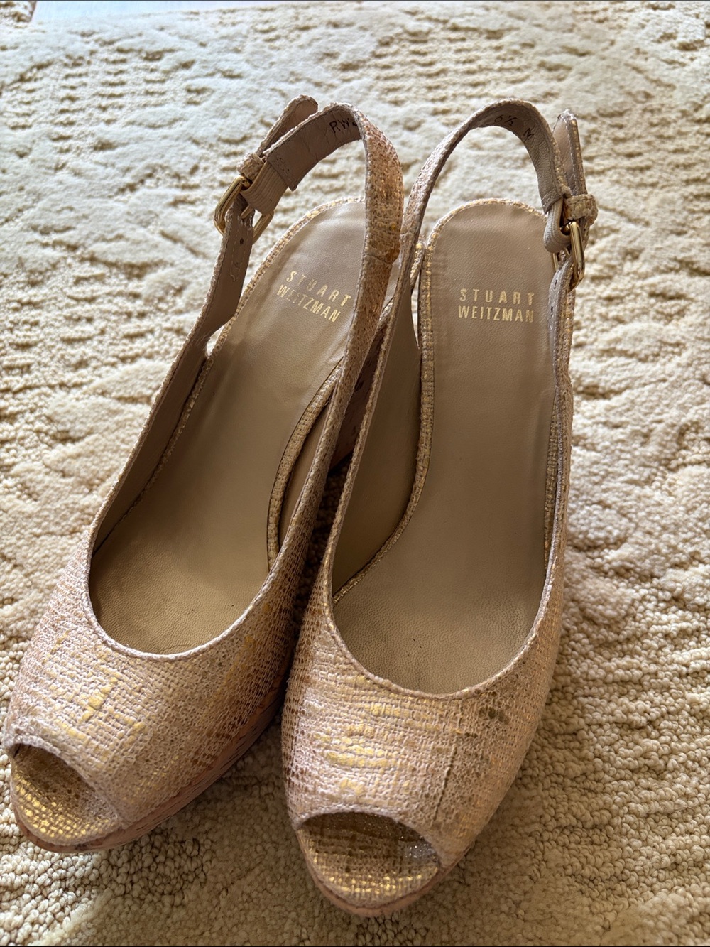 Stuart Weitzman Gold Cork Wedge Slingback Peep-Toe Sandals - Picture 2 of 7